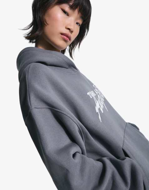 Bershka Printed hoodie in washed grey - view 1