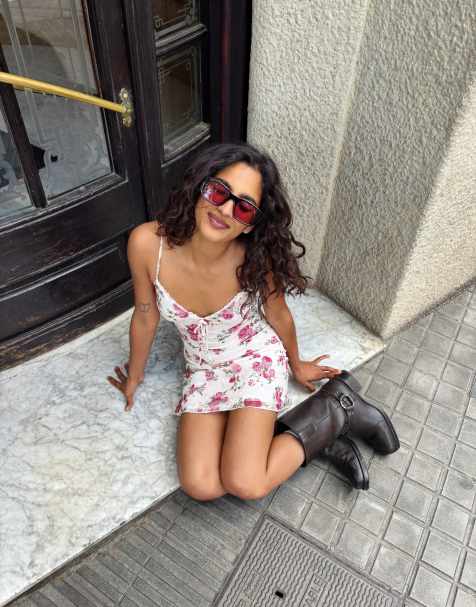 Bershka printed lace strappy mini dress in white