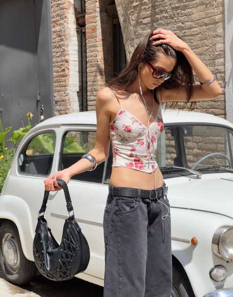 Bershka printed lace top in white - view 1