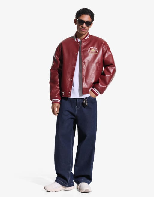 Bershka Printed leather effect jacket in red | ASOS