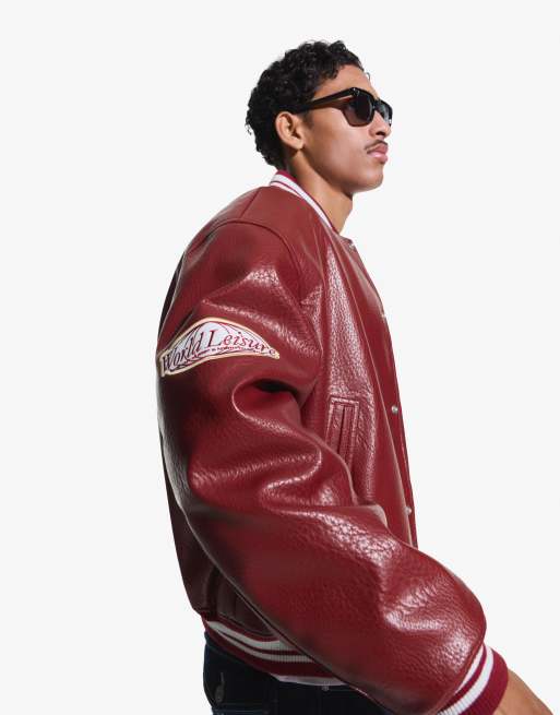 Bershka Printed leather effect jacket in red | ASOS