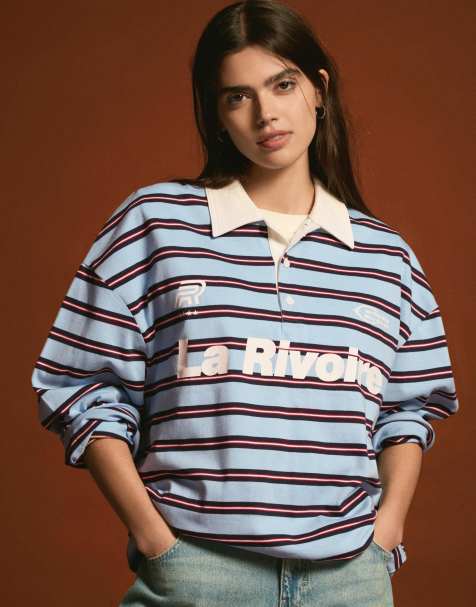 Bershka Printed long-sleeve polo collar t-shirt in light blue - view 1