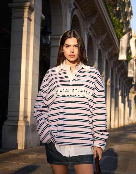 Bershka Printed long-sleeve polo collar t-shirt in pink - view 1