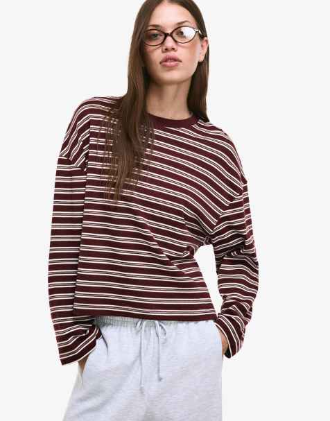 Bershka Printed long sleeve t-shirt in burgundy - view 1