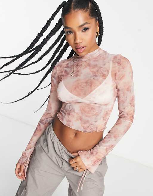 Monki mesh long sleeve crop top in graphic print