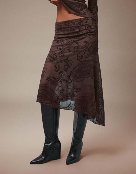 Bershka Printed midi skirt in brown