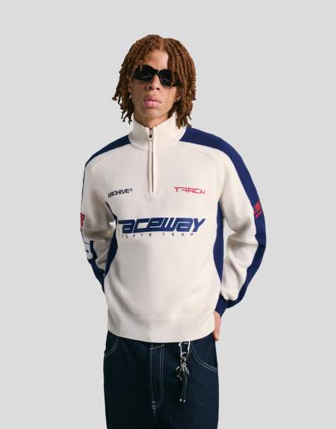 Bershka Printed quarter-zip sweater in white - view 1