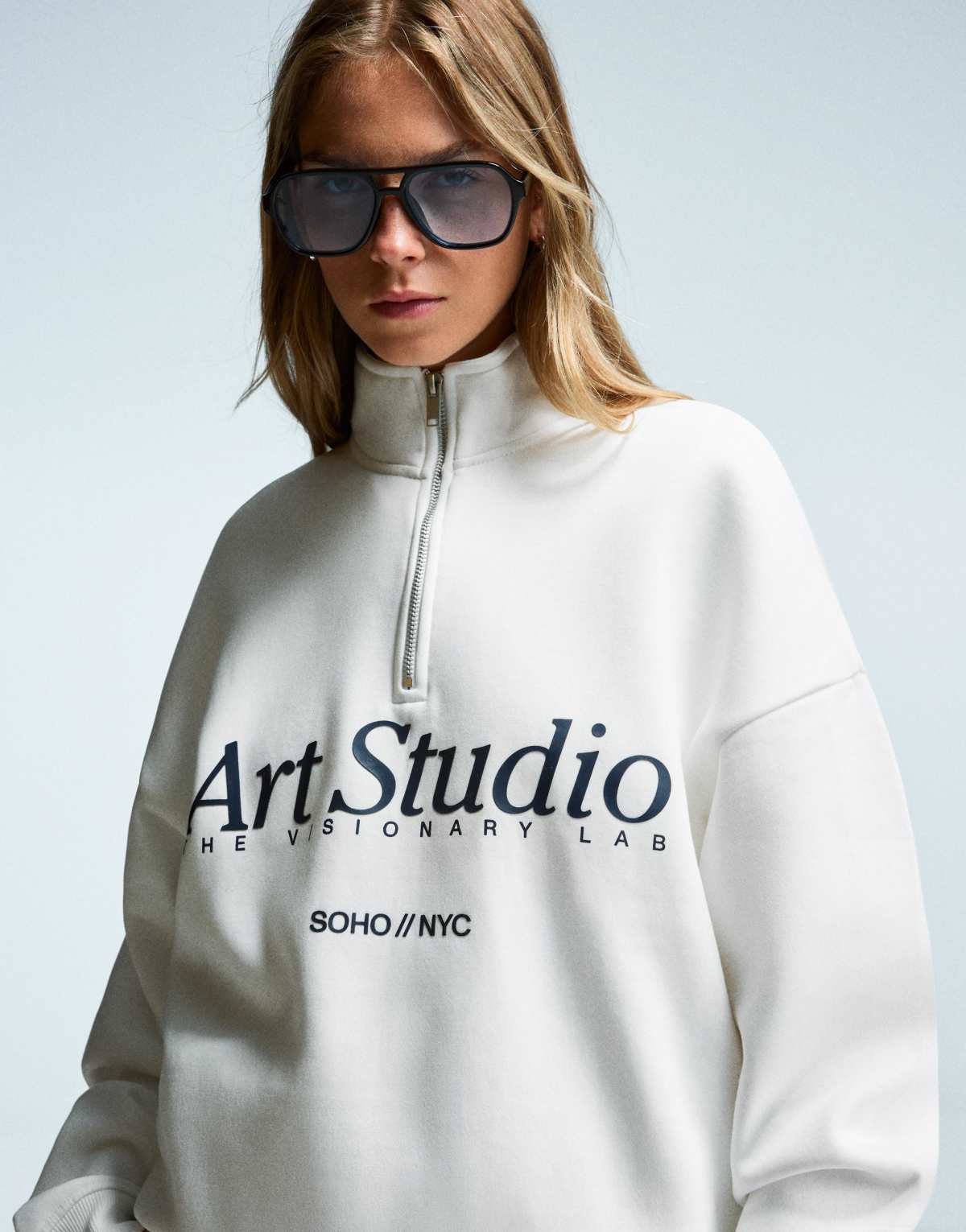 Bershka Printed quarter-zip sweatshirt in white