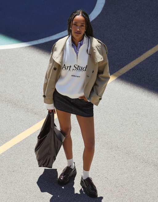 Bershka Printed quarter-zip sweatshirt in white | ASOS