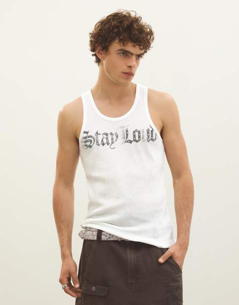 Bershka Printed ribbed vest top in white - view 1