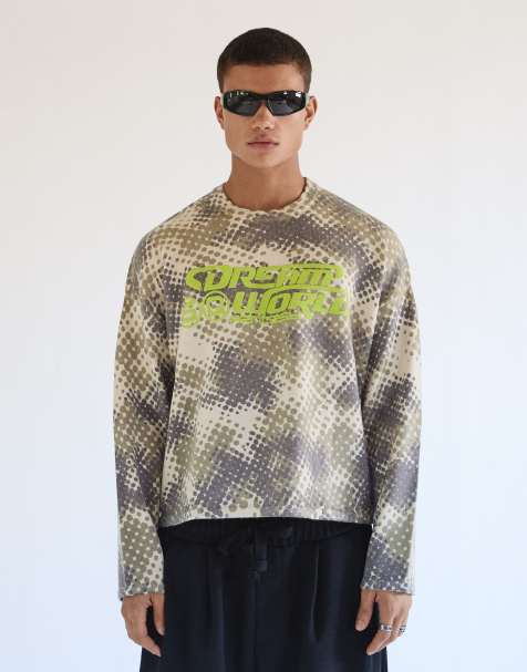 Bershka Printed round neck jumper in khaki - view 1
