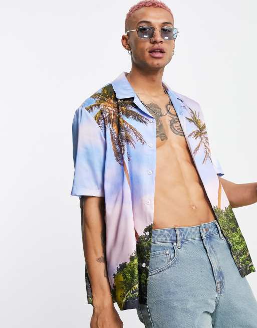 Bershka printed shirt with landscape print in blue | ASOS