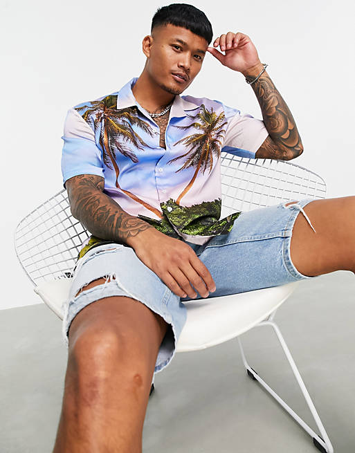 Bershka printed shirt with palm trees in light blue