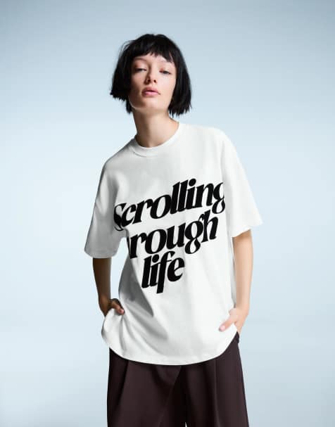 Bershka Printed short sleeve oversize t-shirt in white - view 1