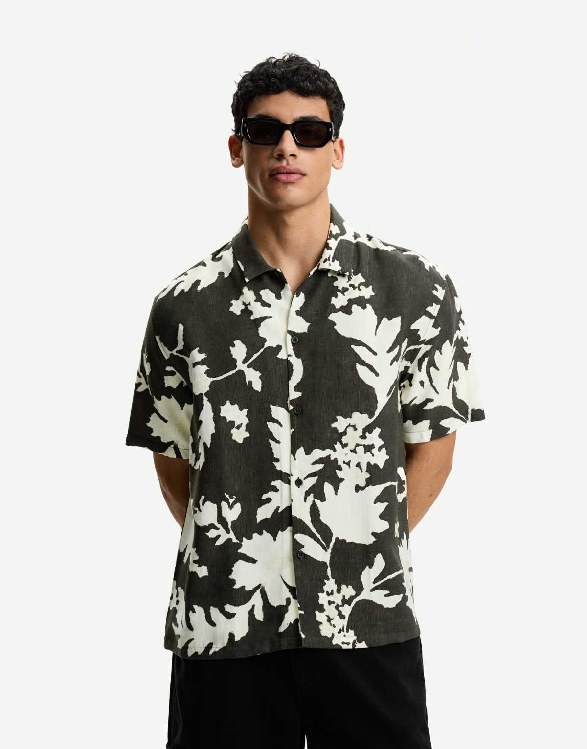 Bershka printed short sleeve shirt in black