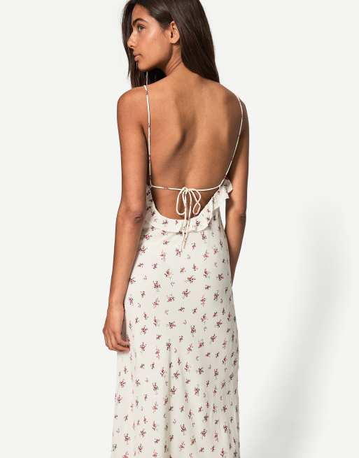 Bershka printed strappy midi dress in white  