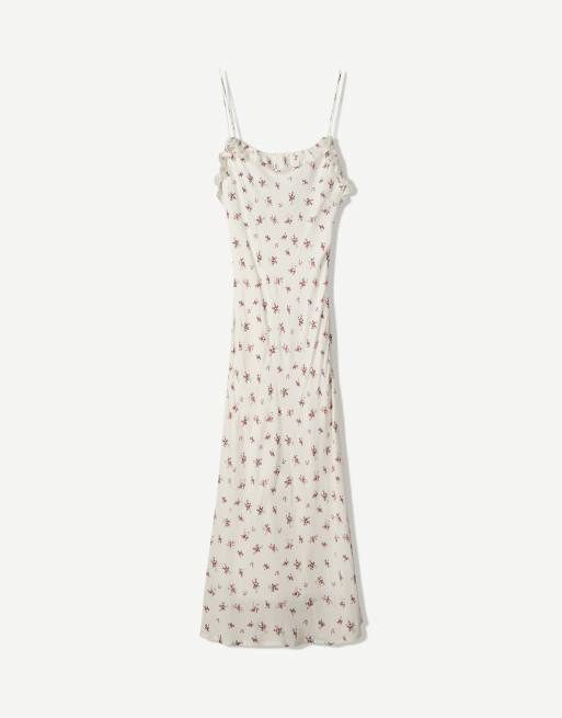 Bershka printed strappy midi dress in white  