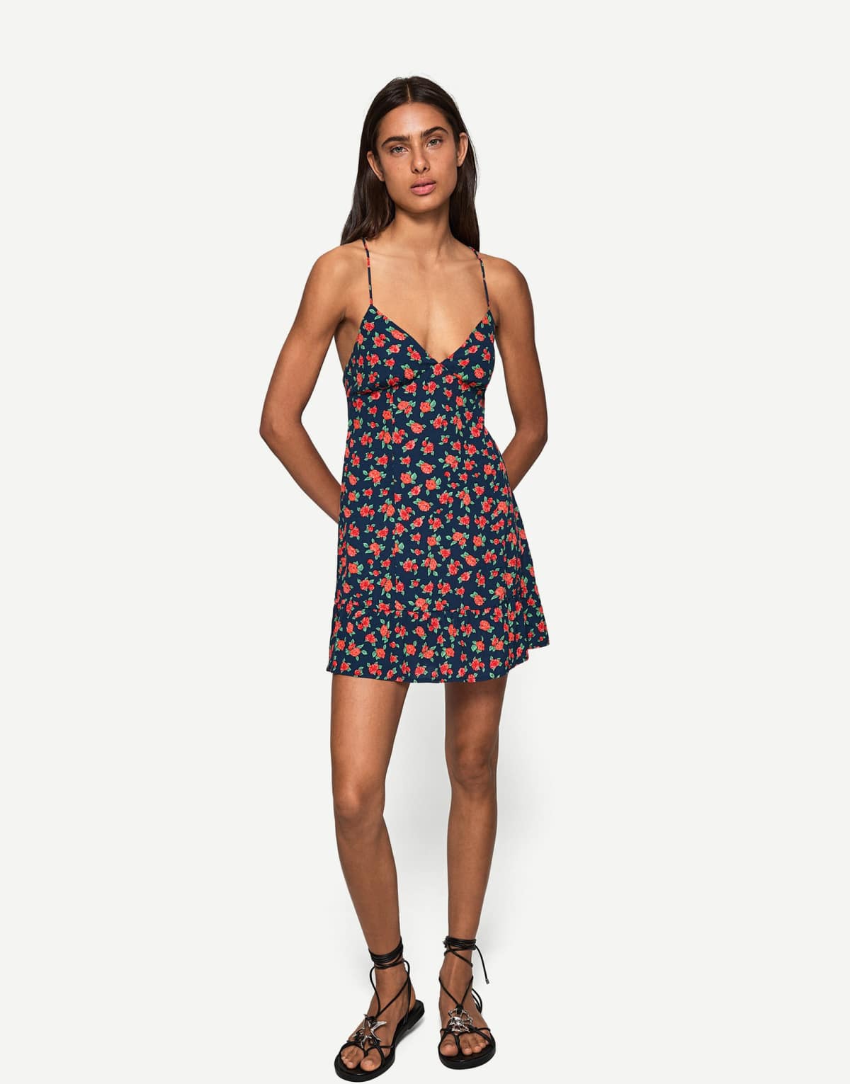 Bershka printed strappy mini dress in blue