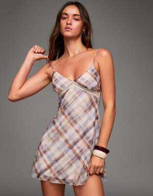 Bershka Printed strappy mini dress in denim blue