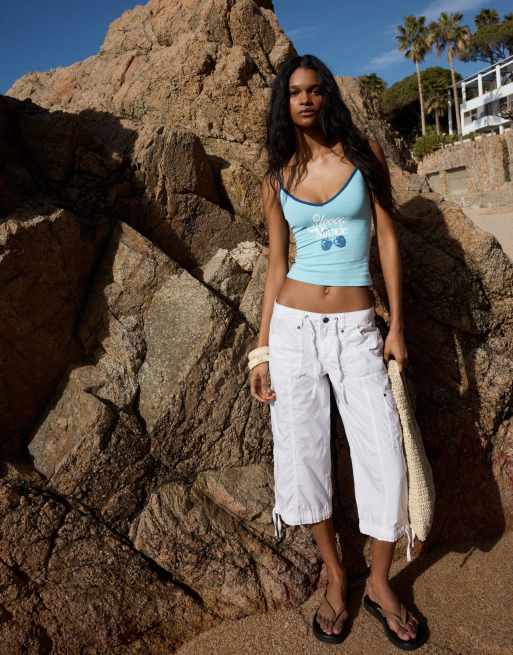 Bershka Printed strappy top in light blue, 3 of 4