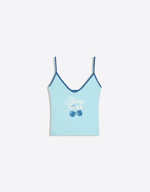 Bershka Printed strappy top in light blue, 4 of 4