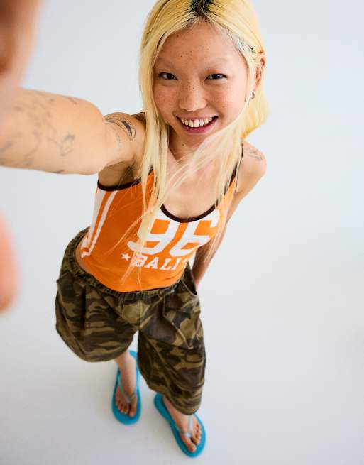 Bershka Printed strappy top in orange, 2 of 5