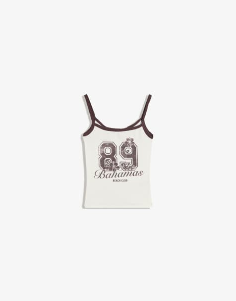 Bershka Printed strappy top in white - view 1