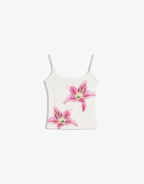 Bershka Printed strappy top in white - view 1