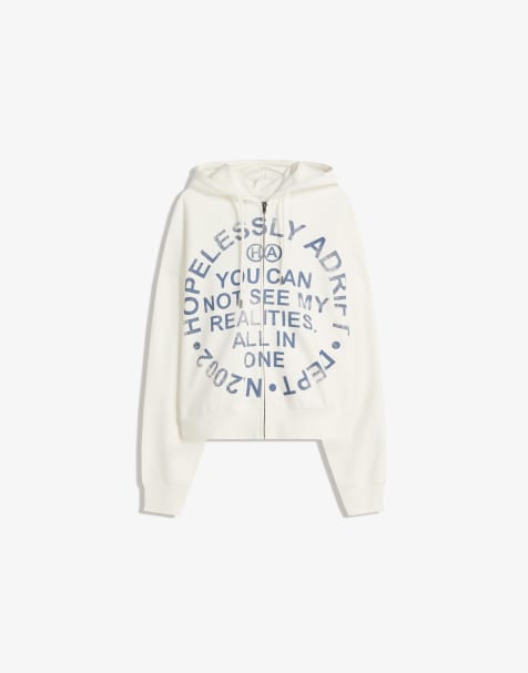 Bershka Printed sweatshirt with zip in beige