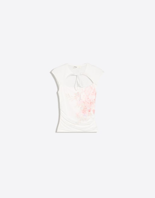 Bershka Printed top with split in ecru, 5 of 5
