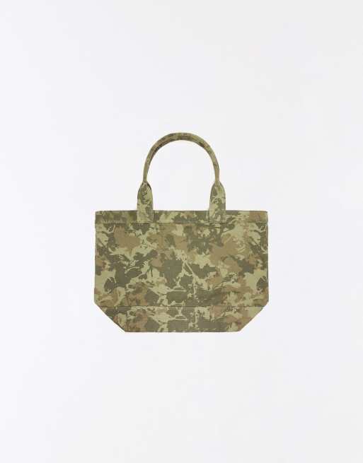 Bershka Printed twill tote bag in khaki, 3 of 5