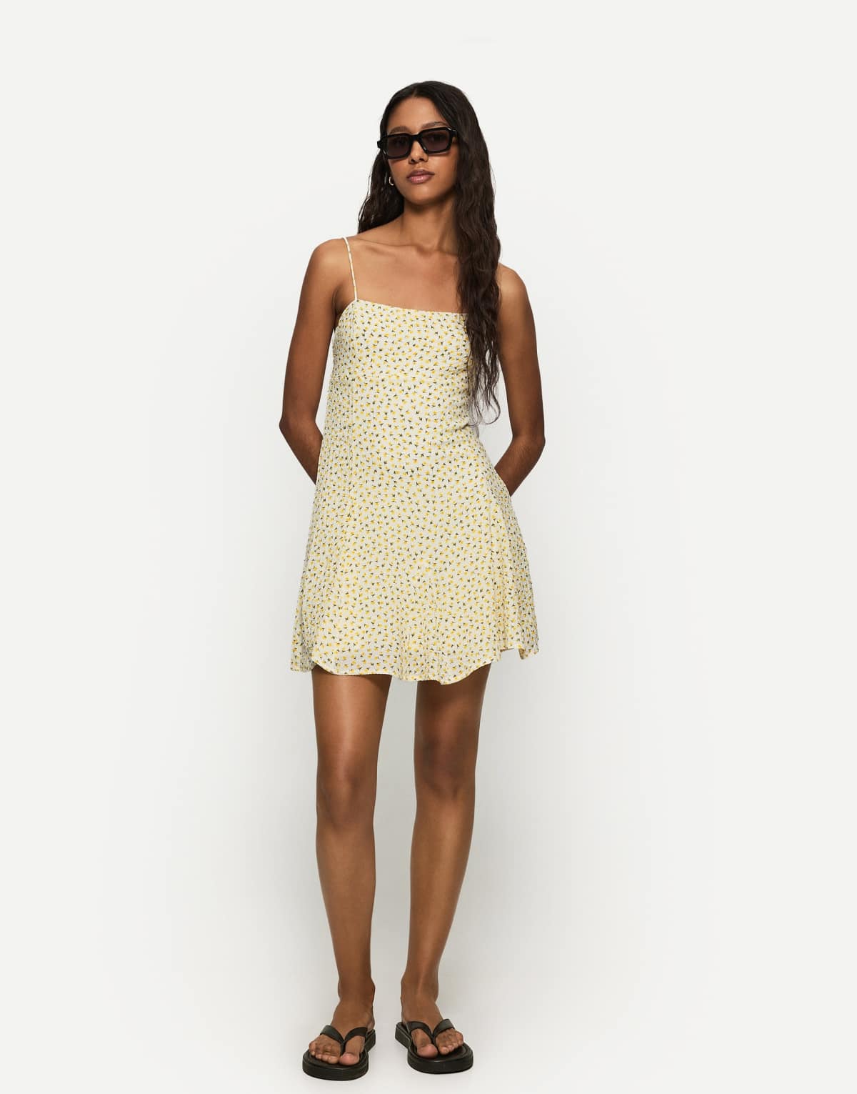 Bershka printed waffle knit mini dress in yellow