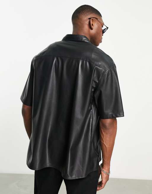 Bershka PU leather-look shirt in black