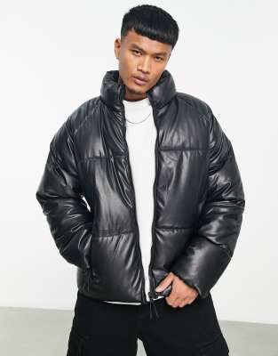 Bershka PU puffer jacket in black