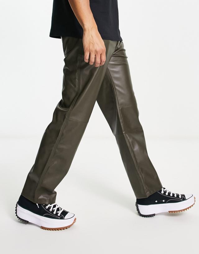 Bershka - pu wide fit trousers in khaki