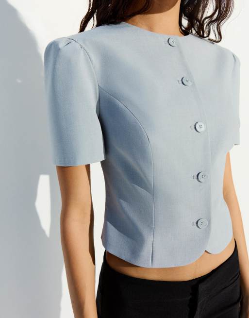 Bershka Puff short sleeve blazer in grey, 4 of 4