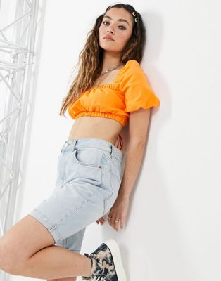 Bershka puff sleeve crop top with lace up back in orange - ASOS Price Checker