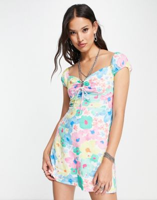 Bershka puff sleeve tie front mini dress in pastel floral - ASOS Price Checker