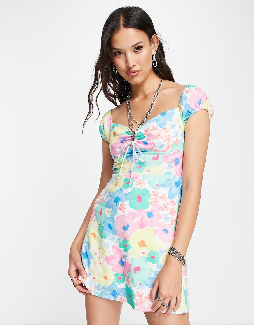 puff sleeve tie front mini dress in pastel floral-Multi