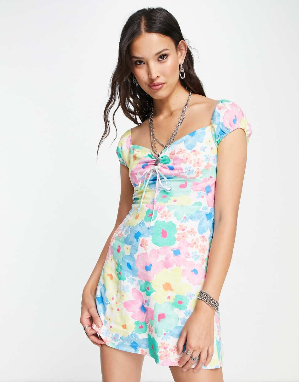 Bershka bandeau satin mini dress in mixed floral pink print