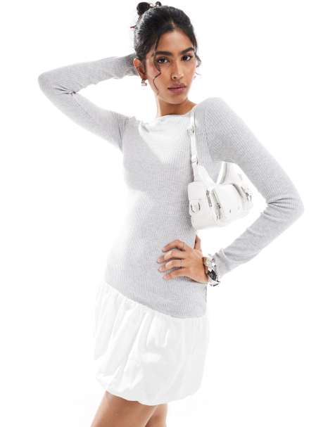 Bershka puffball hem mini dress in grey & white - view 1