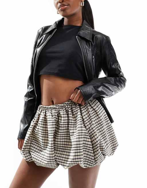Bershka puffball mini skirt in brown plaid