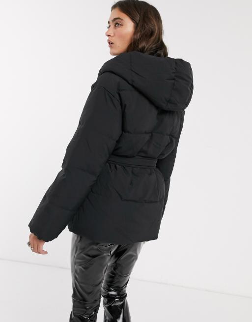 Bershka puffer coat with belt in black