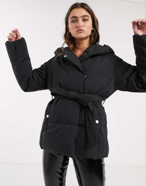 Bershka puffer coat with belt in black