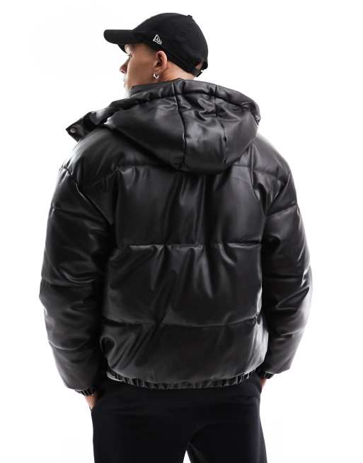 Bershka - Puffer jack van imitatieleer met afneembare capuchon in zwart, 4 van 4