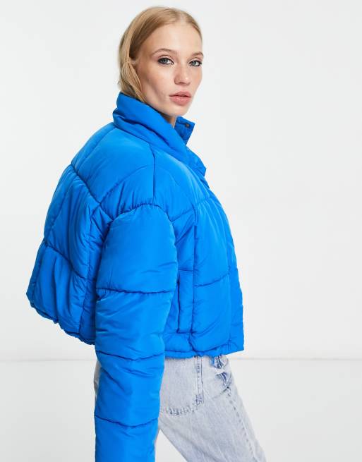 Bershka cropped puffer jacket in blue