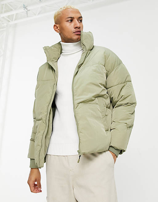 Bershka puffer jacket in khaki | ASOS