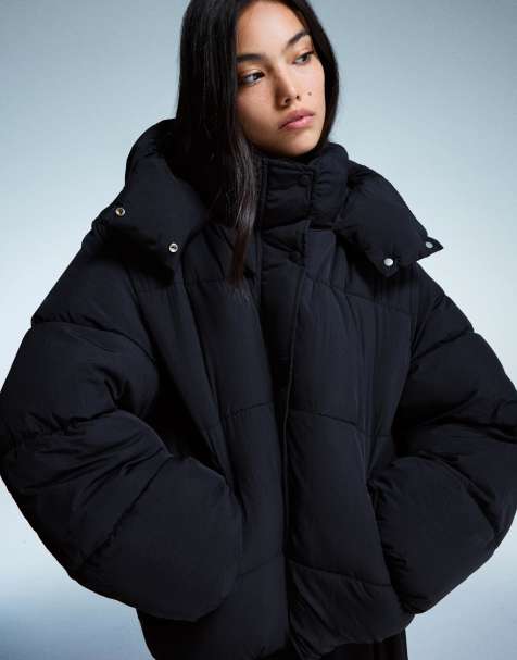 Bershka Puffer jacket with hood in black