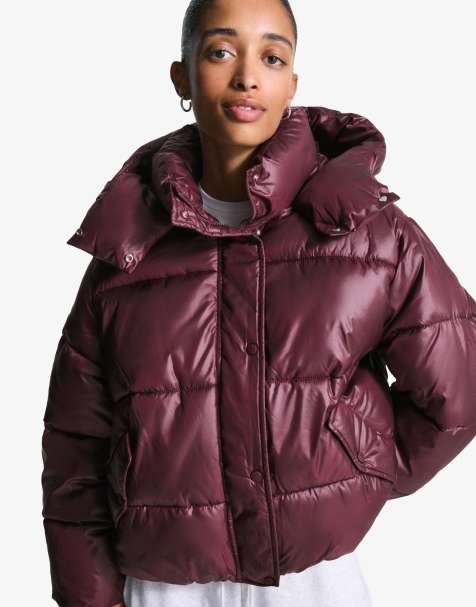 Bershka Puffer jacket with hood in burgundy - view 1
