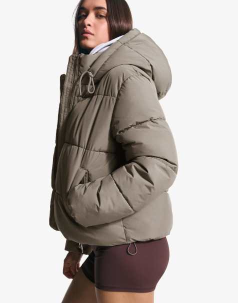 Bershka Puffer jacket with hood in khaki - view 1